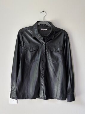 Good American Black Faux Leather Button Up Shacket
